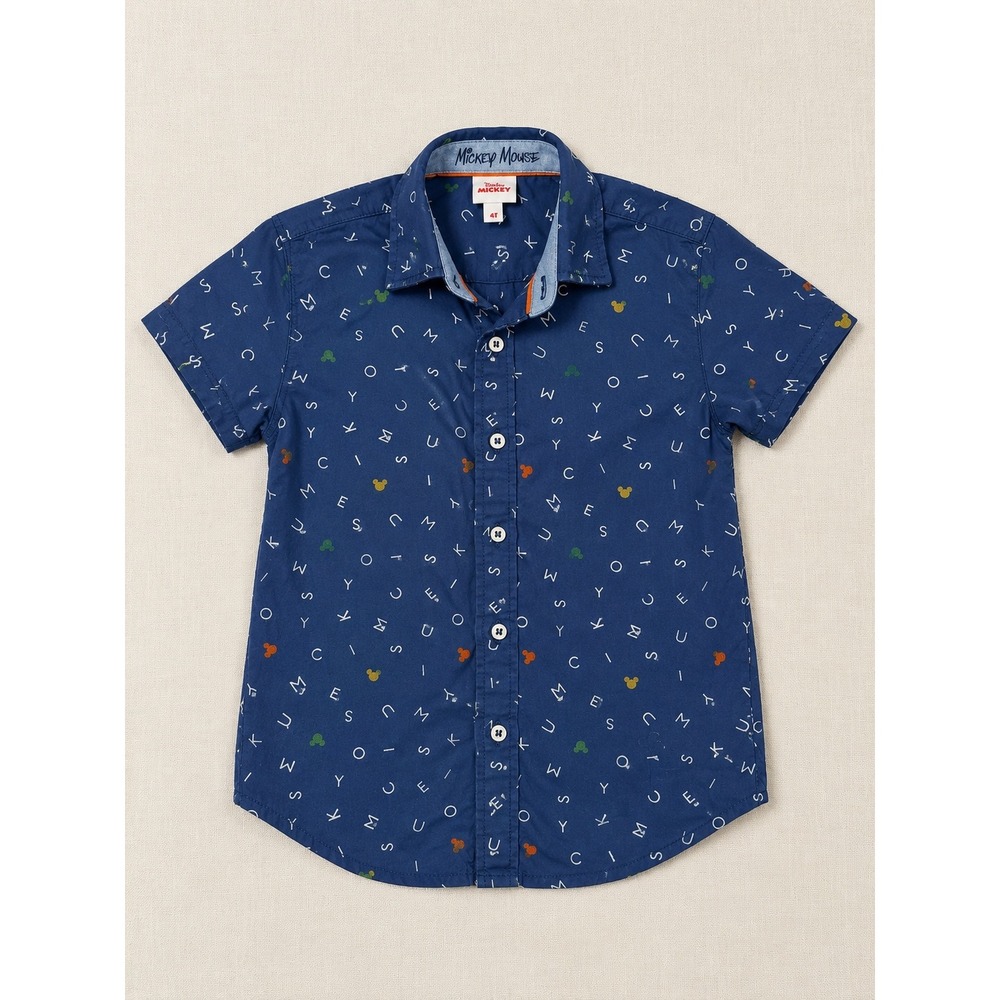 Disney Junior Mickey Mouse Navy Alphabet Print Short Sleeve Button Down Shirt 4T